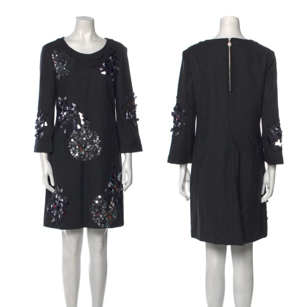 Tory Burch Black Wool Floral Sequin Shift Dress Minimalist Quiet Luxury Career